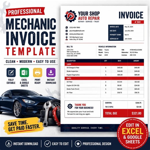 Auto Repair Invoice Template, Excel Google Sheets PDF, Mechanic, Automotive Service, Car Repair Bill, Editable Bundle - Etsy