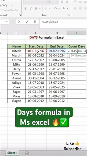Days formula in ms excel 🔥✅ #shorts #video #fypp #excel #exceltips #subscribe #exceltutorial #yt