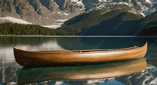 A hand-carved dugout canoe floating serenely on the mirror-like surface of a pristine alpine lake, framed by rugged mountain peaks dusted with snow and a clear blue sky overhead.