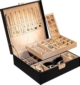 Jewelry Boxes for Women with Code Lock, Black Jewelry Storage Box, Leather Travel Jewelry Box with Mirror, Double Layer Large Jewelry Organizer Box for Watch Rings Necklace Bracelet Earring