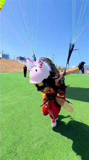 Anime Girl Takes Flight! Epic Paragliding Launch in Cat Helmet