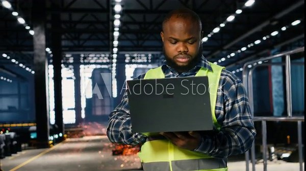 Black industrial employee works on laptop beside welding sparks on factory floor, displaying safety vest use, manpower resilience and the engineering responsibilities behind fabrication. Camera B.