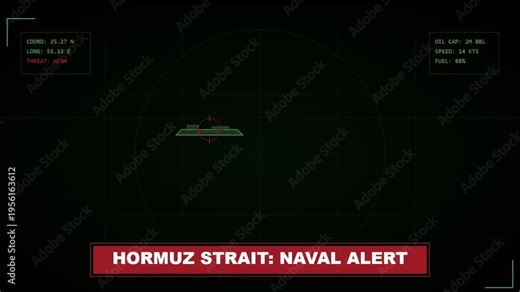 Hormuz Strait Naval Alert Military HUD Interface Tracking Oil Tanker Target with Radar Display and High Threat Level News Graphic animation