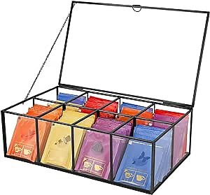Glass Tea Bag Organizer with 8 Compartments, Handmade Large Tea Bag Storage Box for Counter Kitchen, Tea Bag Holder,Tea Storage Containers with Lid,Tea Accessories Gifts for Tea Drinkers,Black