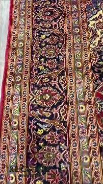 10 x 13 Vintage Distressed Persian Kashan Rug | Red Field Floral | Navy Medallion