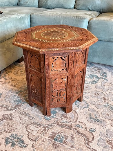 Vintage Hand Carved Indian Octagonal Table Bone and Copper Inlay Folding Wooden Side Table - Etsy