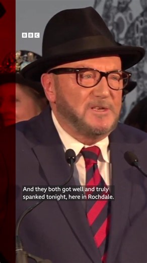 "Two cheeks of the same backside" - George Galloway took aim at Labour and the Conservatives after winning the by-election in Rochdale. Highlighting the local voters' rejection of the two main parties in Westminster he said “Keir Starmer and Rishi Sunak” had both “got well and truly spanked tonight here in Rochdale”. Read more: https://bbc.in/3P3z95k | BBC Manchester