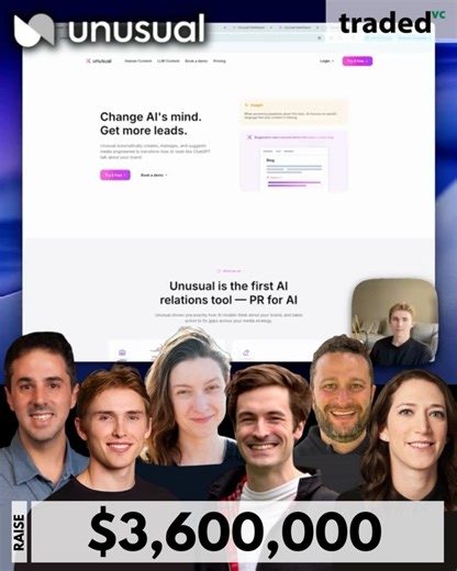 Traded: Venture Capital 🦄 on Instagram: "Unusual, founded in 2024 by CEO Will Jack and President Keller Maloney, has raised $3.6 million in early-stage funding to help companies shape how AI models talk about their brands. Investors in the round included BoxGroup, Long Journey Ventures, Y Combinator, Instacart co-founder Max Mullen, and Phosphor Capital. The startup works with brands and agencies to analyze AI reasoning, identify misperceptions, and turn insights into actionable strategies—such