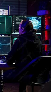 Vertical video Hacker in hideout interrupted by police sirens from writing malware code on computer, running to escape before getting caught. Criminal den found by anti hacking law enforcement, camera