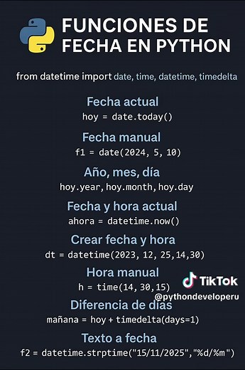 📆Funciones de fecha en Python: from datetime import date, time, datetime, timedelta # Fecha actual hoy = date.today() # Fecha manual f1 = date(2024, 5, 10) # Año, mes, día hoy.year, hoy.month, hoy.day # Fecha y hora actual ahora = datetime.now() # Crear fecha y hora dt = datetime(2023, 12, 25, 14, 30) # Hora manual h = time(14, 30, 15) # Diferencia de días mañana = hoy timedelta(days=1) # Texto a fecha f2 = datetime.strptime(