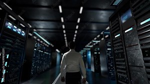 Realite augmentee. IT Administrator Activating Modern Data Center Server with Hologram.