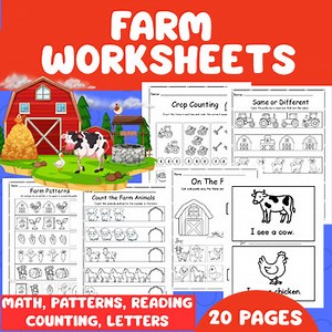 Farm Activity Worksheet Packet - Read, Math, Letters, Numbers Preschool