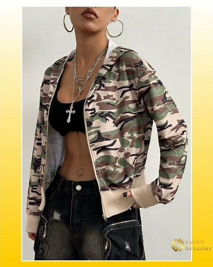 Camouflage Zip-Up Hooded Jacket with Pockets for Women, Polyester Blend