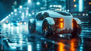 Robot courier mini car concept of delivering goods with unmanned drones in a big city