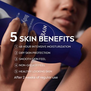 NIVEA Intensive Moisture Body Milk - with 48 hrs intensive moisturization and skin benefits after 2 weeks of regular use. It’s the only one my skin wants. NIVEA Body Milk Intensive Moisture has 5 skin benefits: 48 hour Intensive Moisturization; Dry Skin Protection; Smooth Skin Feel; Non-Greasy Feel; Healthy looking skin with regular use. ASC Ref. Code B0080N120924N | NIVEA