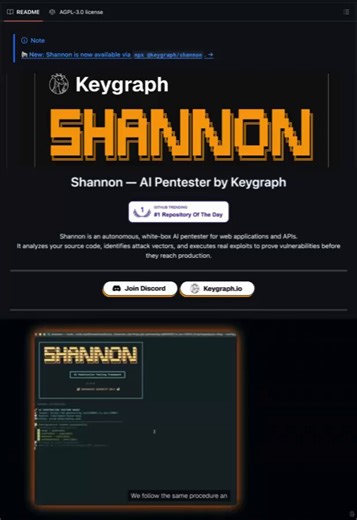 Holy shit... Keygraph just built an AI that hacks your web app before hackers do.It's called Shannon and it's a fully autonomous AI pentester that finds REAL exploits, not just alerts.96.15% success rate on the hint-free XBOW Benchmark.Your team ships code every day with Claude Code and Cursor.Your pentest? Once a year.That's 364 days of shipping vulnerabilities to production. Shannon closes that gap.What it actually does:→ Autonomously hunts attack vectors in your source code→ Uses a built-in b