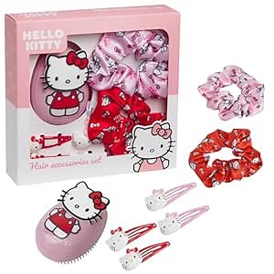 Hello Kitty Sanrio Hair Brush & Accessories Set, Kawaii Hair Clips, Scrunchies, Detangler Brush, Gifts for Women, Wife, Girlfriend, Girls, Teens (Hello Kitty Brush & Accessories)