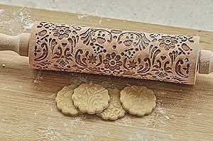 Christmas Rolling Pin Embossing Rolling Pin Embossed Patterned Textured Wooden Rolling Pin Xmas Decorative Baking Equipment (Flower plant)