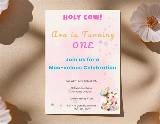Cow First Birthday Invitation Template: Farm Theme, Editable Canva (instant Download) - Etsy
