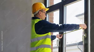 construction business and building concept - male builder with ruler and clipboard measuring window