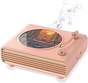 Retro Bluetooth Speaker, Wireless Speakers with Bluetooth Desktop Music Player, Portable Record Player Vintage Turntable Design & Lighting Music Decor Gifts for Friends (Pink)
