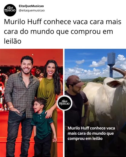EITA QUE MUSICÃO on Instagram: "O cantor sertanejo Murilo Huff visitou Uberaba, no Triângulo Mineiro, para conhecer pessoalmente a vaca mais cara do mundo, avaliada em R$ 54 milhões. O artista se tornou um dos proprietários da Donna FIV CIAV após arrematar 25% da propriedade do animal em um leilão realizado em novembro de 2025. O encontro aconteceu na Fazenda Mata Velha, onde a vaca vive, em Uberaba. O momento foi registrado e publicado nas redes sociais da empresa de Murilo Huff, a Nelore Huff,