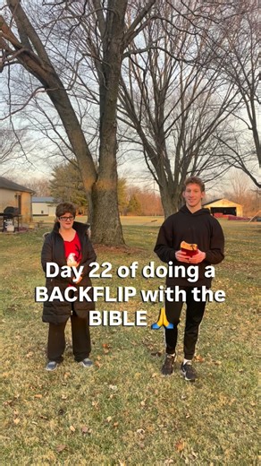 Kevin Nord on Instagram: "“Trust God at all times, my people! Pour out your hearts to God our refuge!” -Psalm 62:9✝️ Day 22 of doing a BACKFLIP with the BIBLE everyday! It is such a blessing that I was able to get Aunt Carol to do this with me! She is so sweet❤️ #livingforhim #kevinnord #christianreels #backflip #bible"