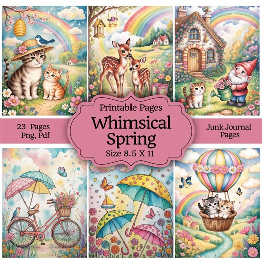Whimsical Spring Junk Journal Pages | Cottagecore Rainbow Printables Papers With Spring Birds Flowers & Umbrellas, Digital Download - Etsy