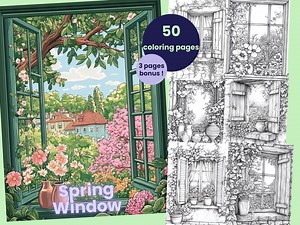 50 Spring Window Coloring Pages, Floral Window Printable Coloring Pages, Spring Flower Scenes Coloring Book - Etsy