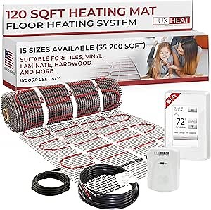 LuxHeat 120sqft Floor Heating Mat Kit – 240v Electric Radiant Flooring Heating System – Heated Flooring System for Tile & Laminate - Includes UWG4 WiFi Programmable Thermostat w/GFCI, Alarm & Sensor