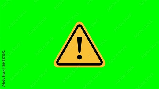 Animated Warning Sign icon on Green Screen. Continuous Caution and Alert Symbol for Safety and Error Notifications. 4K Chroma Key Video Loop animation.