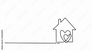 Continuous single line drawing. Two hearts inside a house, a symbol of love and family. Minimalist continuous animation of drawing your own line.