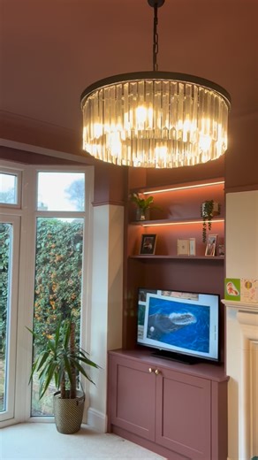 How gorgeous are the pair of alcove bookcases with dimmable lighting! Floor to ceiling with cabinets below sprayed in Little Greene Ashes of Roses matching the ceiling and walls up to the picture rail. Love it! . . . #livingroom #homerenovation #interiordesign #livingroomideas #bookcase | Cheshire Bespoke Joinery Ltd