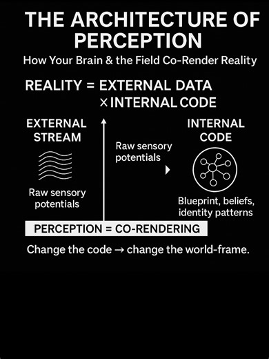 The Architecture of Perception - How Your Brain and the Field Co-Render Reality Perception is not passive. Perception is participation. Most people think they “see reality.” But what you actually see is a co-render between: (1) Your sensory input (2) Your internal perception filters (3) The Field’s feedback Your brain doesn’t show you the world — it shows you the version of the world your identity, beliefs, emotions, and frequency can process without collapsing. Here is the architecture behind i