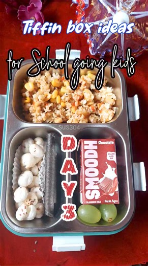158K views · 1.7K reactions | Day 3: Tiffin box ideas for School going kids Tiffin box contains: `````````````````` 1. Paneer and sweet corn fried rice with lot's of veggies 2 Dry rosted makhanas 3. Chocolate stick weffers 4. Chocolate milk smoodh 5. Fresh grapes Tiffin box link: ( from Amazon) La' Decus INDIA 3 Compartment Stainless SteelInsulated Stainless Steel Tiffin Box for Boys, Girls, School & Office Men (Random Color) https://amzn.in/d/0iIrYsA | Deepsikha Vlog | Facebook