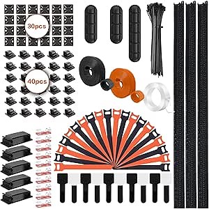 GOLDLARK Cable Management Kit, 225pcs, includes Cable Sleeves, Hook and Loop Ties, Roll of Cable Tie, Zip Ties and Mounts, Cable Straps, Clips, Silicone Holders and Adhesive Tape for organizing wires.