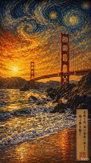 Golden Gate of Dreams ✨ | 海は黄金に染まり、橋は夢を繋ぐ | 梵谷星夜下的金門大橋 #shorts #aiart