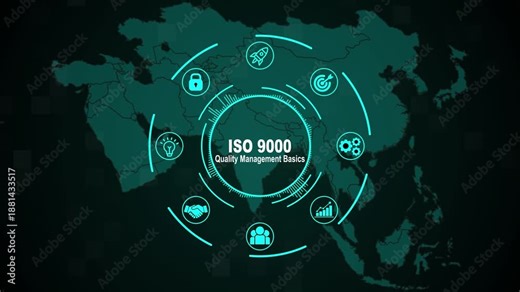 ISO 9000 Quality Management System Animation with Global Map and Technology Interface Icons