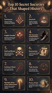 Top 10 Secret Societies That Shaped History Behind revolutions, empires, and global movements, secret societies have often worked in the shadows, influencing politics, culture, and power without public knowledge 👇 1️⃣ Freemasons – Influenced political revolutions, architecture, and leadership worldwide 2️⃣ Illuminati – Founded to promote reason and challenge religious control 3️⃣ Knights Templar – Powerful medieval order tied to banking, crusades, and lost treasures 4️⃣ The Assassins (Hashshash