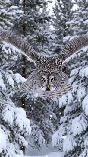 A Great Grey Owl flying directly toward the camera in a snowy pine forest, #northernpygmyowl