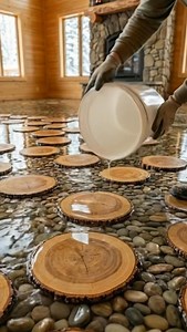 From Bare Wood to Epoxy Masterpiece: Log Slice Flooring Transformation Check out this incredible transformation! We installed a unique floor using log slices and stones, then poured clear epoxy resin to seal it all in. The epoxy not only protects the wood but gives it a stunning, permanent wet-look finish. This is the perfect flooring for a rustic cabin or a unique living room. Let us know what you think in the comments! 🌲✨ #EpoxyDesign #Woodworking #HomeImprovement #FlooringGoals #ResinFloorin