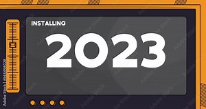 Cartoon Computer With the word 2023. Video message of a screen displaying an installation window.