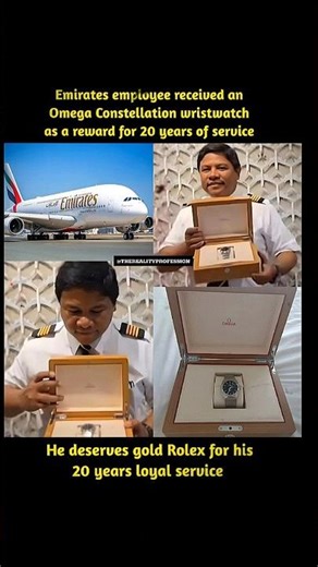 Emirates employee receiving an Omega watch as a reward for his 20 years of service to the airline.
