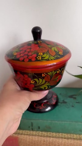 Vintage Russian Khokhloma Pedestal Bowl | Hand Painted Wooden Lidded Dish | Folk Art Decor | Black Red Gold | Wander Haus Vintage - Etsy