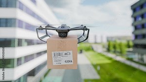 Drone delivers a package in modern city – future logistics, smart delivery, aerial courier technology