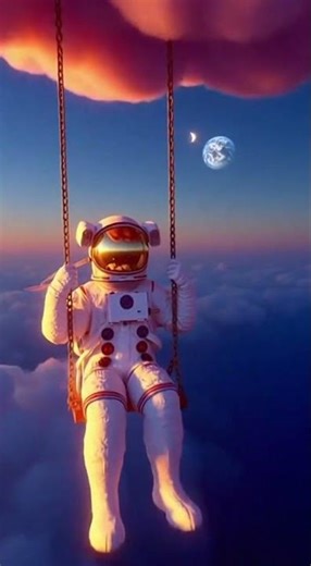 Astronaut's Ethereal Cloud Swing at Sunset