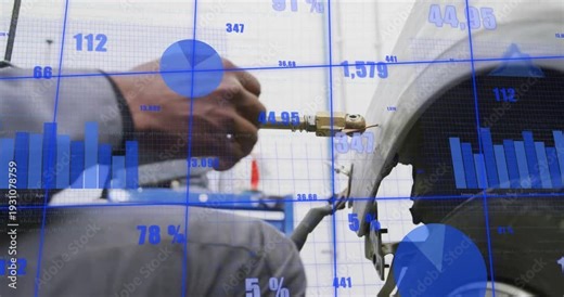 Male auto mechanic starting tool, aligning brass rod into wheel arch while analytics tracking