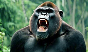 Large or big silverback black gorilla, angry powerful animal roaring in jungle wildlife nature. Strong beast screaming, aggressive, teeth, King Kong