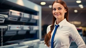 a female salesman introducing new air conditioners for sale at a department store.