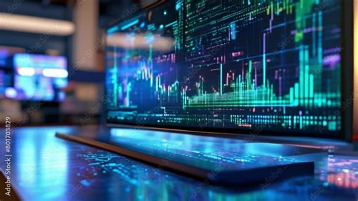 A holographic display of a computer screen with code overflowing from it. Holographic display of stock trends symbolizing digital financial revolution concept, 3D perspective